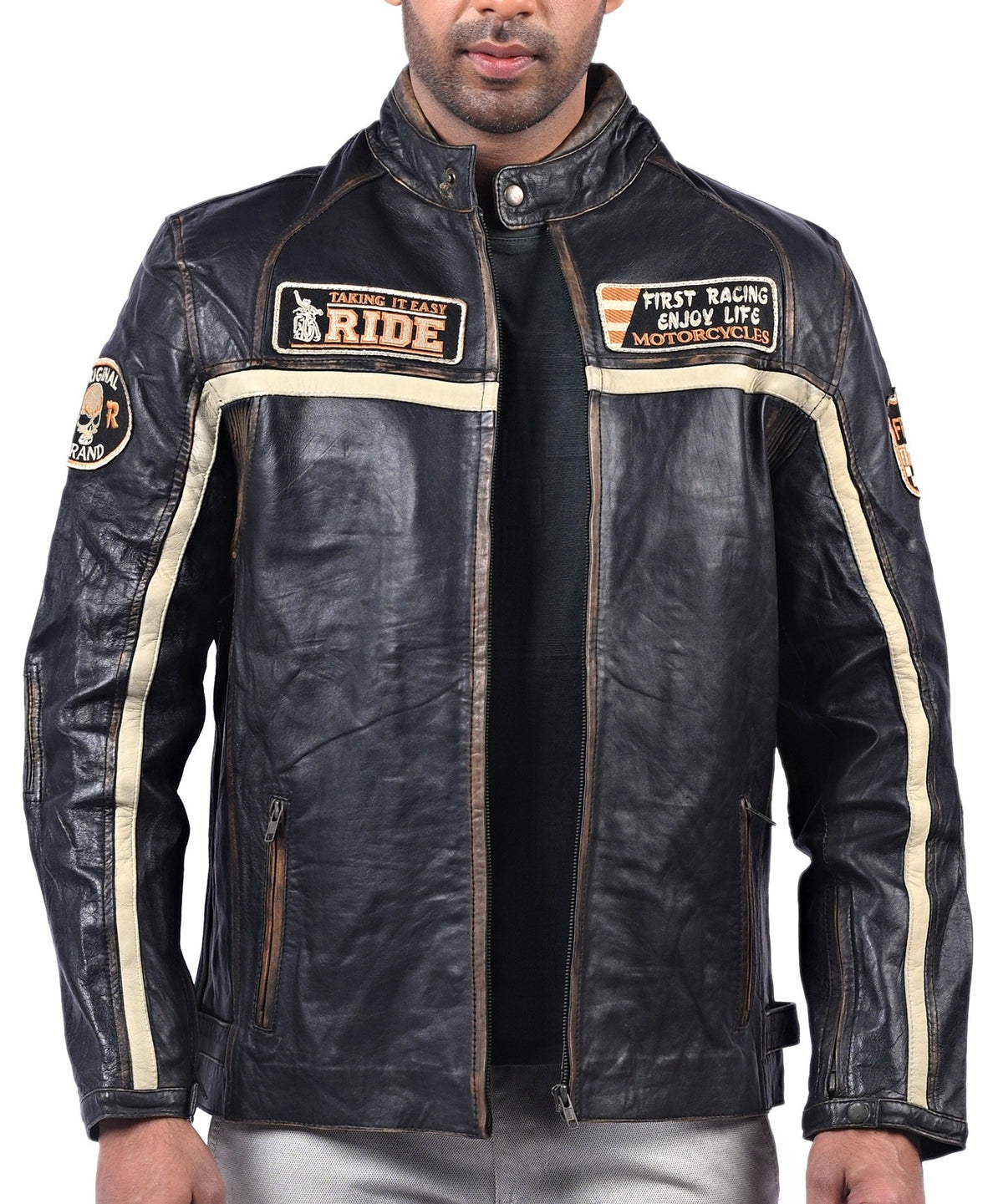 Men's black sheepskin jacket with beige stripes, photo 6