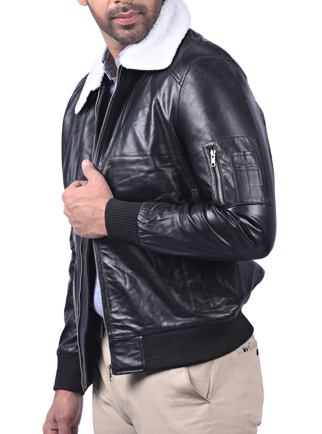 Men's black sheepskin bomber jacket with faux fur collar, photo 3