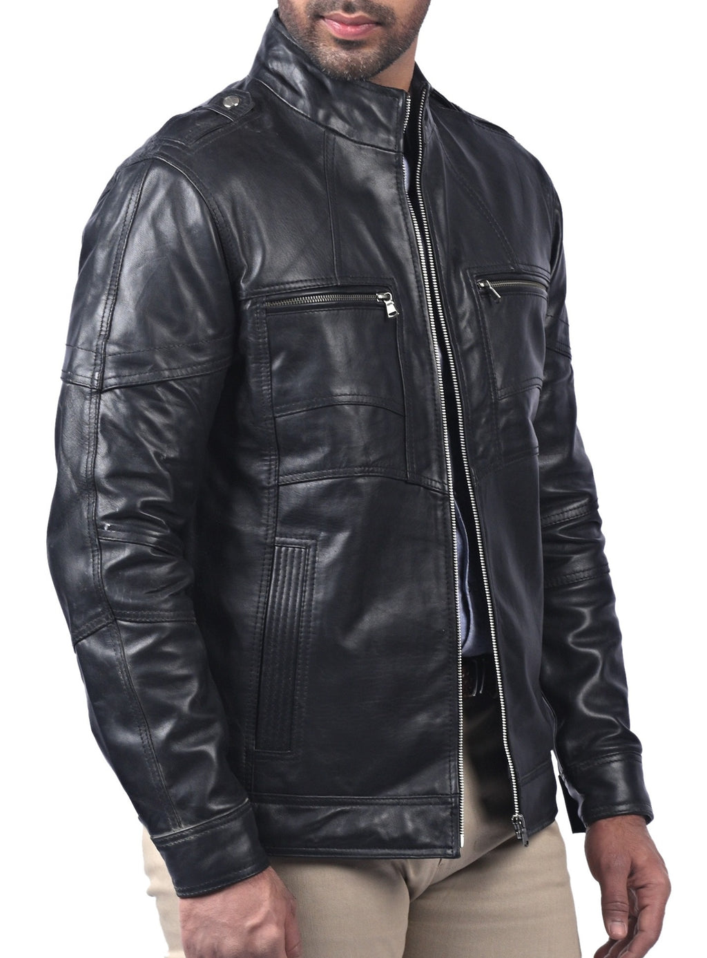 Men's black sheepskin jacket with round collar, photo 4