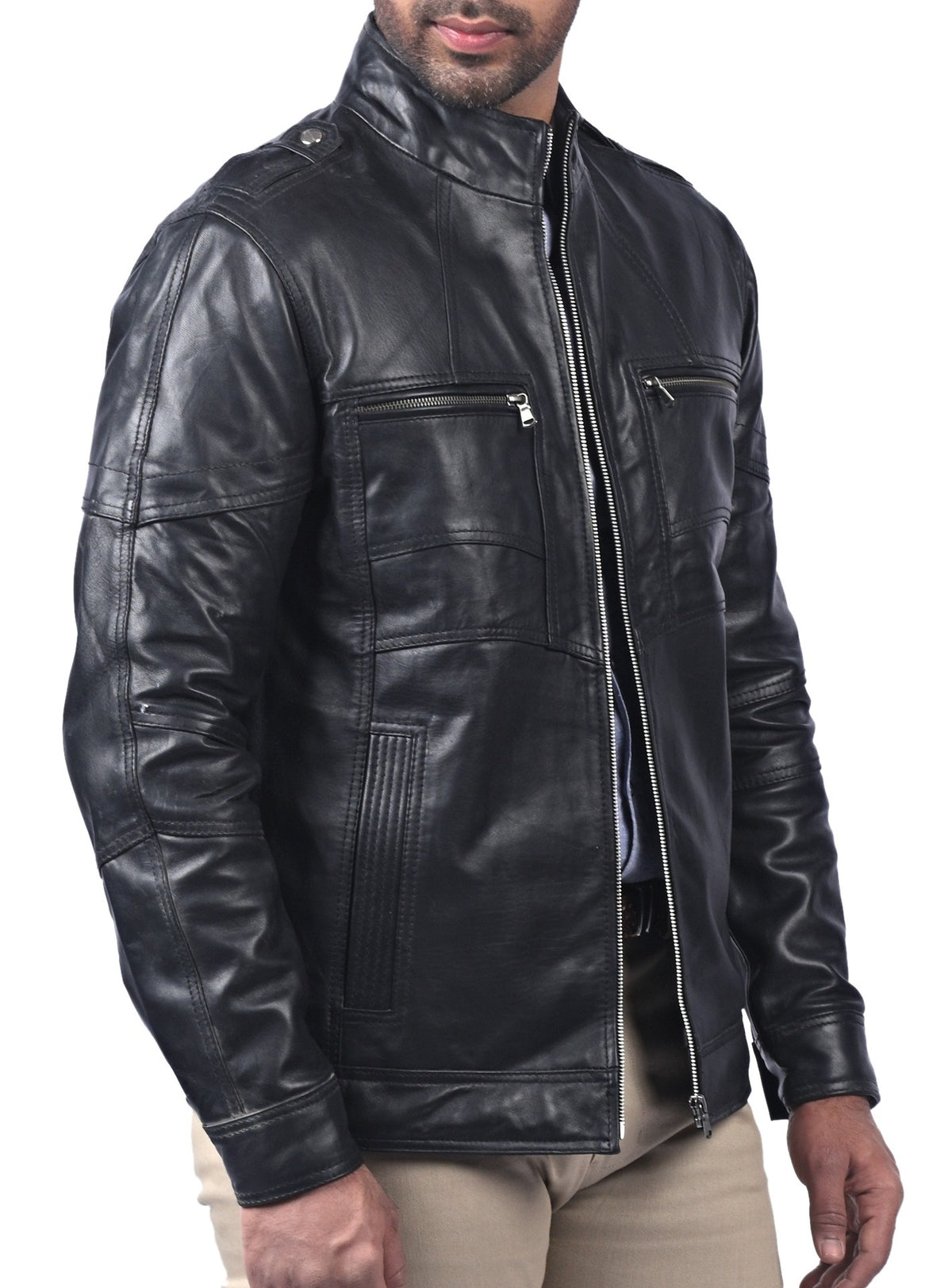 Men's black sheepskin jacket with round collar, photo 4