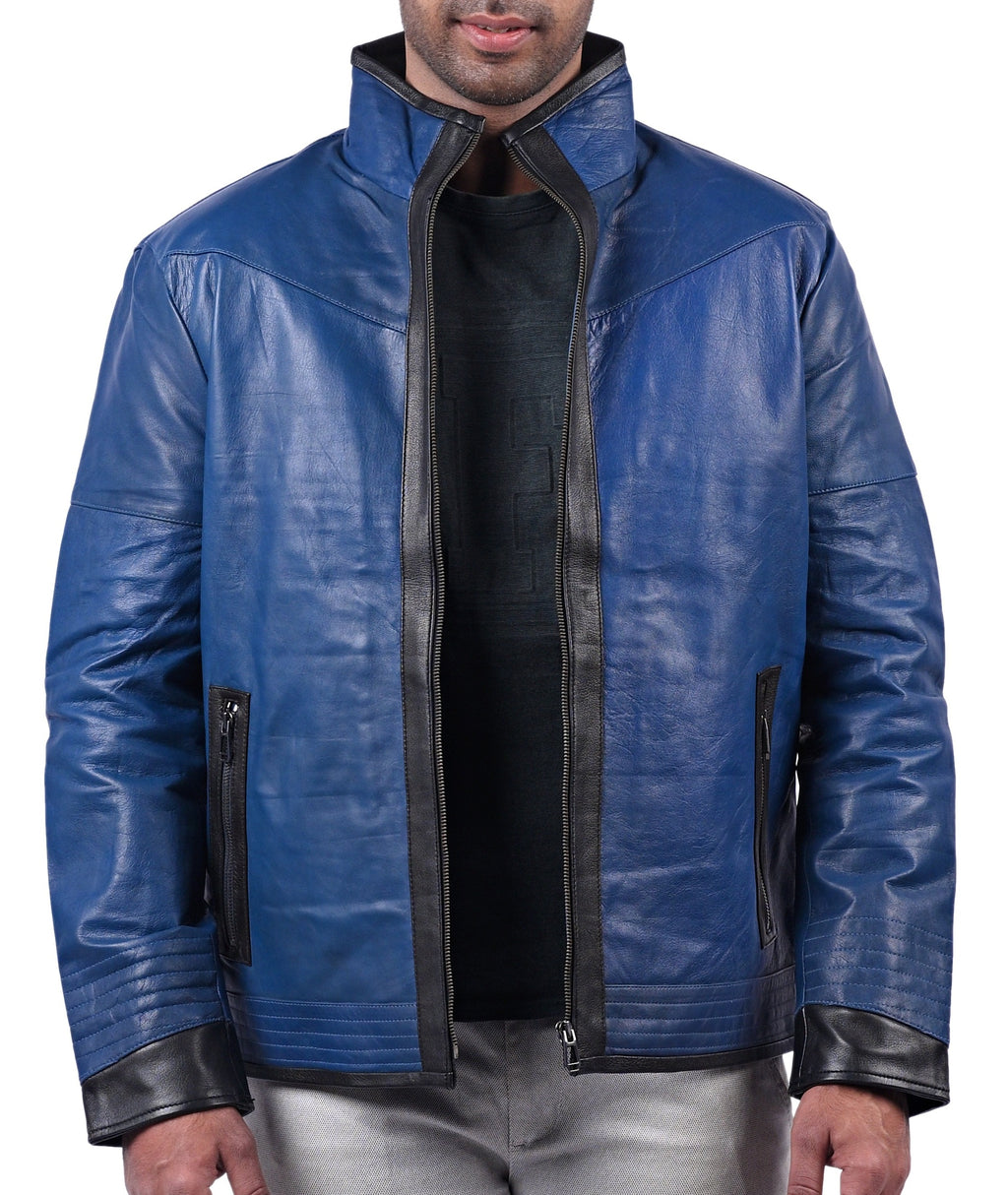 Men's blue sheepskin biker jacket with black contrast, photo 5