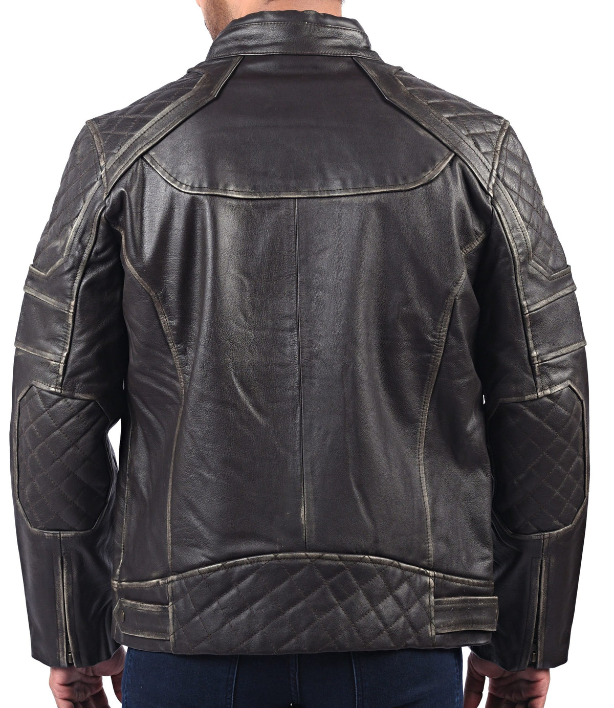 Men's black distressed cowhide jacket with snap collar, photo 4