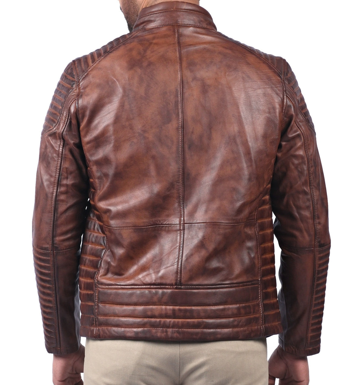 Men's classic tan waxed sheepskin leather jacket, photo 4