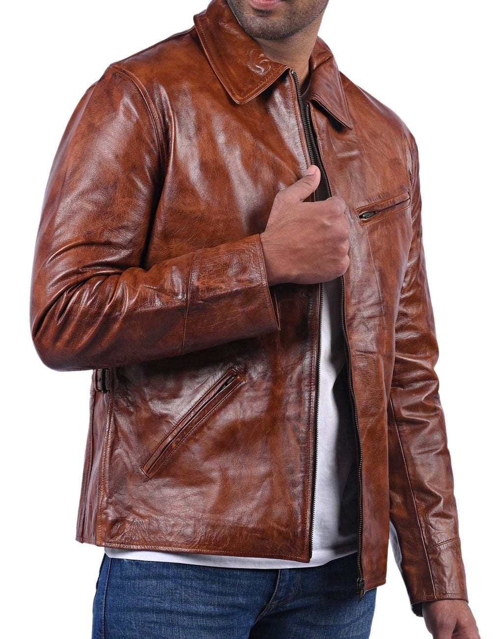 Men's classic tan waxed cowhide leather jacket, photo 4