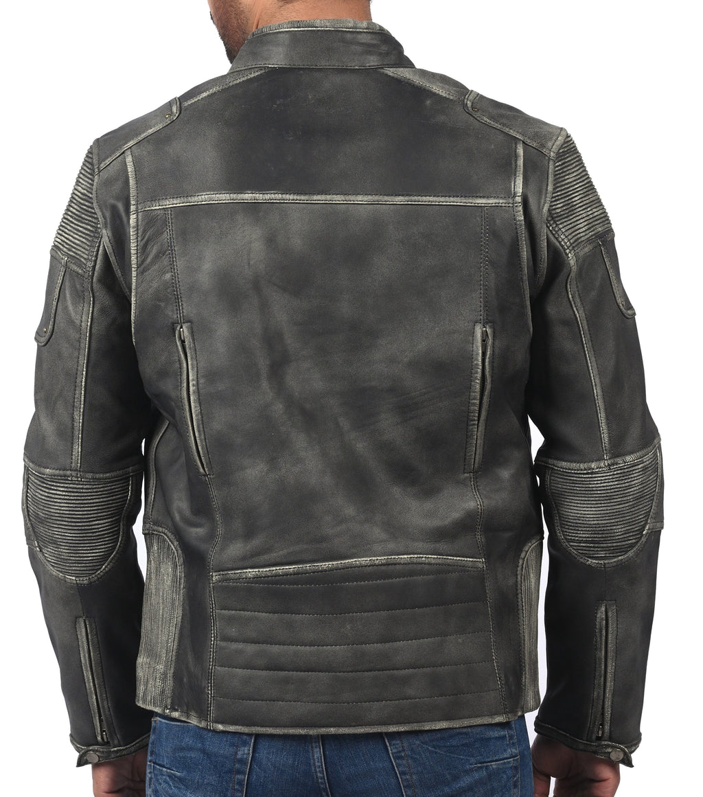 Men's distressed gray sheepskin cafe racer jacket, photo 6
