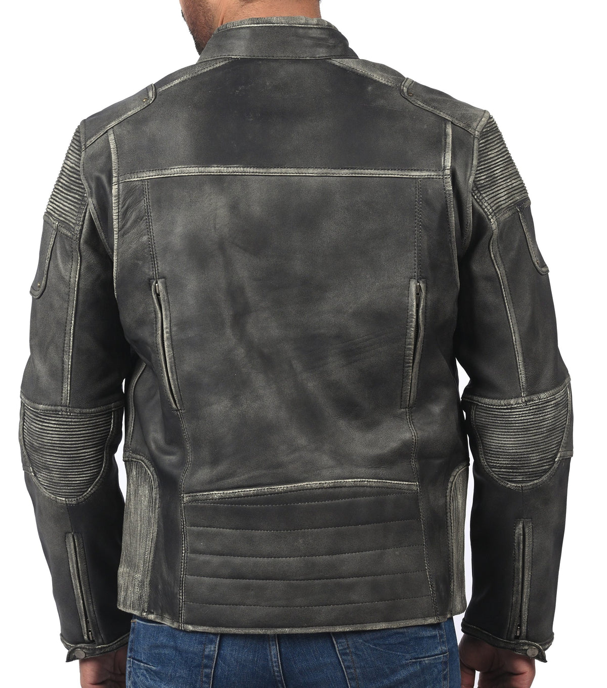 Men's distressed gray sheepskin cafe racer jacket, photo 6