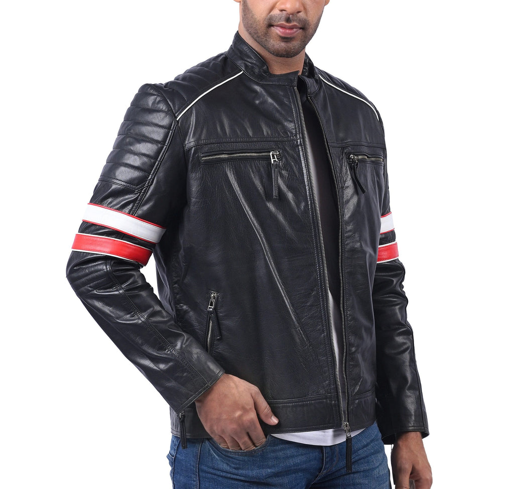 Men's black sheepskin biker jacket with red and white stripes, photo 4