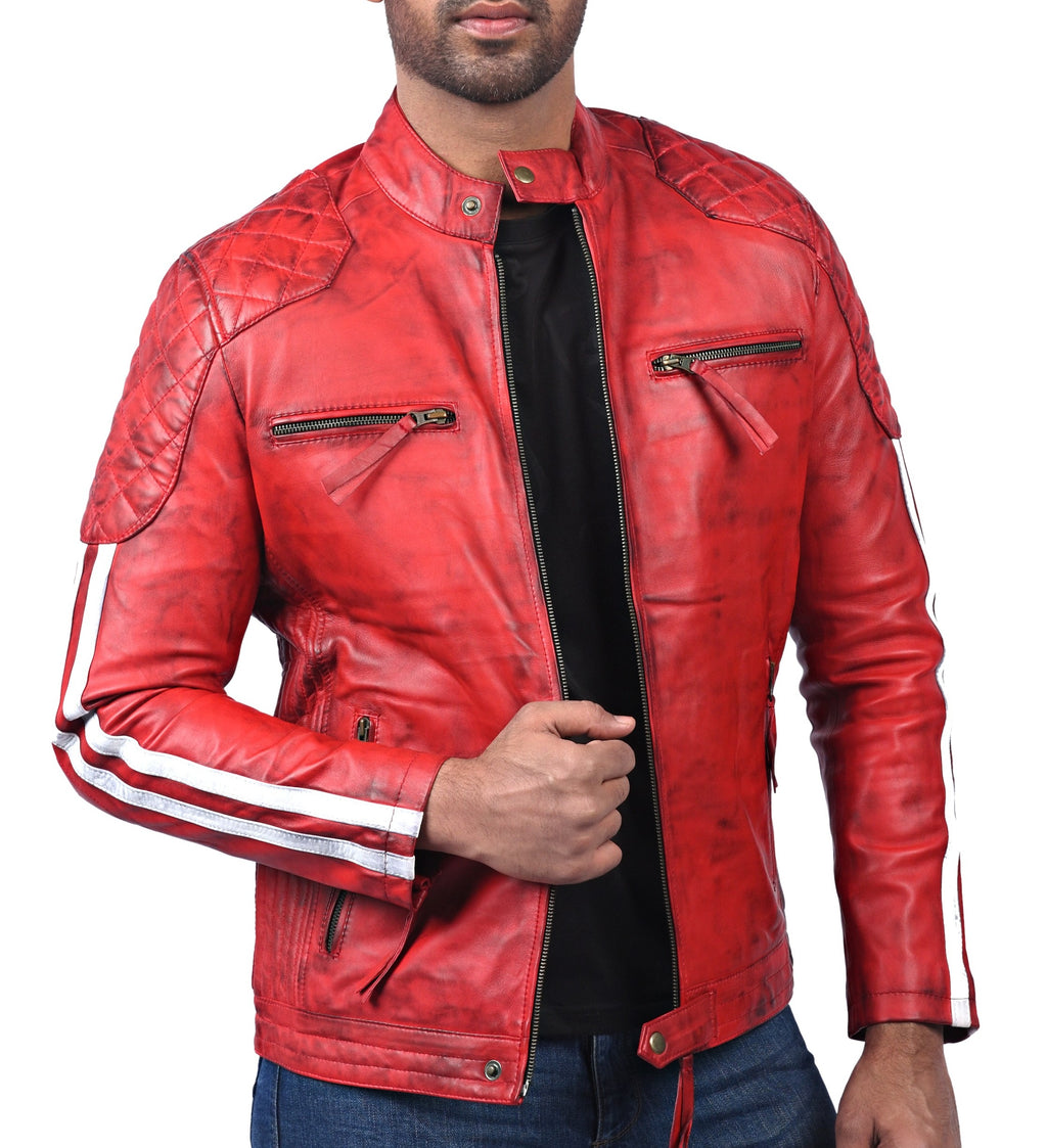 Plymouth red sheepskin biker jacket with white stripes, photo 5