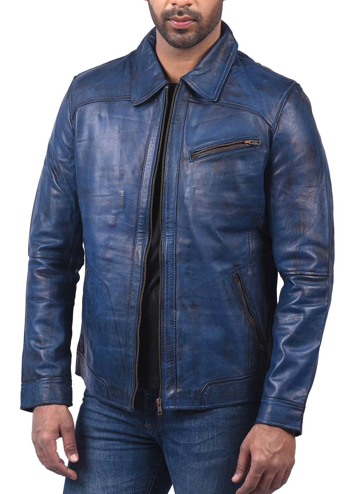Men's blue waxed sheepskin vintage racer jacket, photo 4