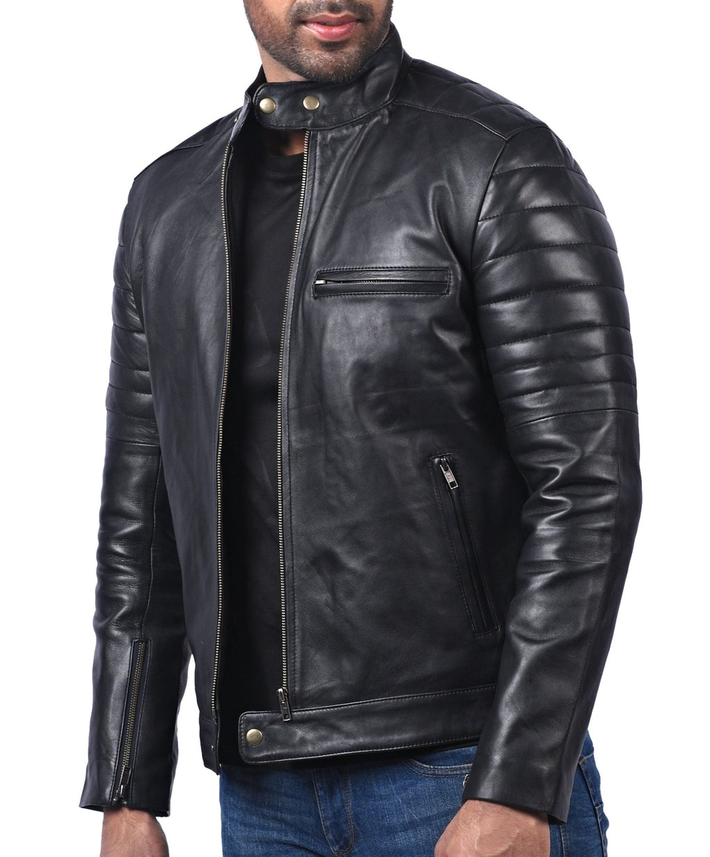 Black sheepskin jacket with 3D samurai back print, photo 4