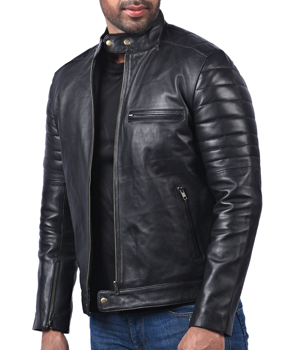 Black sheepskin jacket with 3D samurai back print, photo 4
