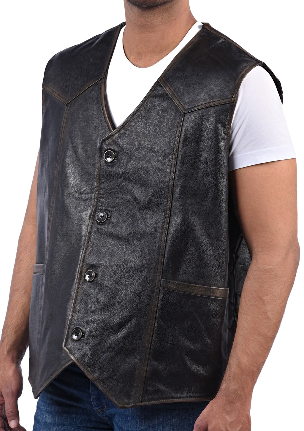 Black cowhide skull vest with embossed back, photo 4