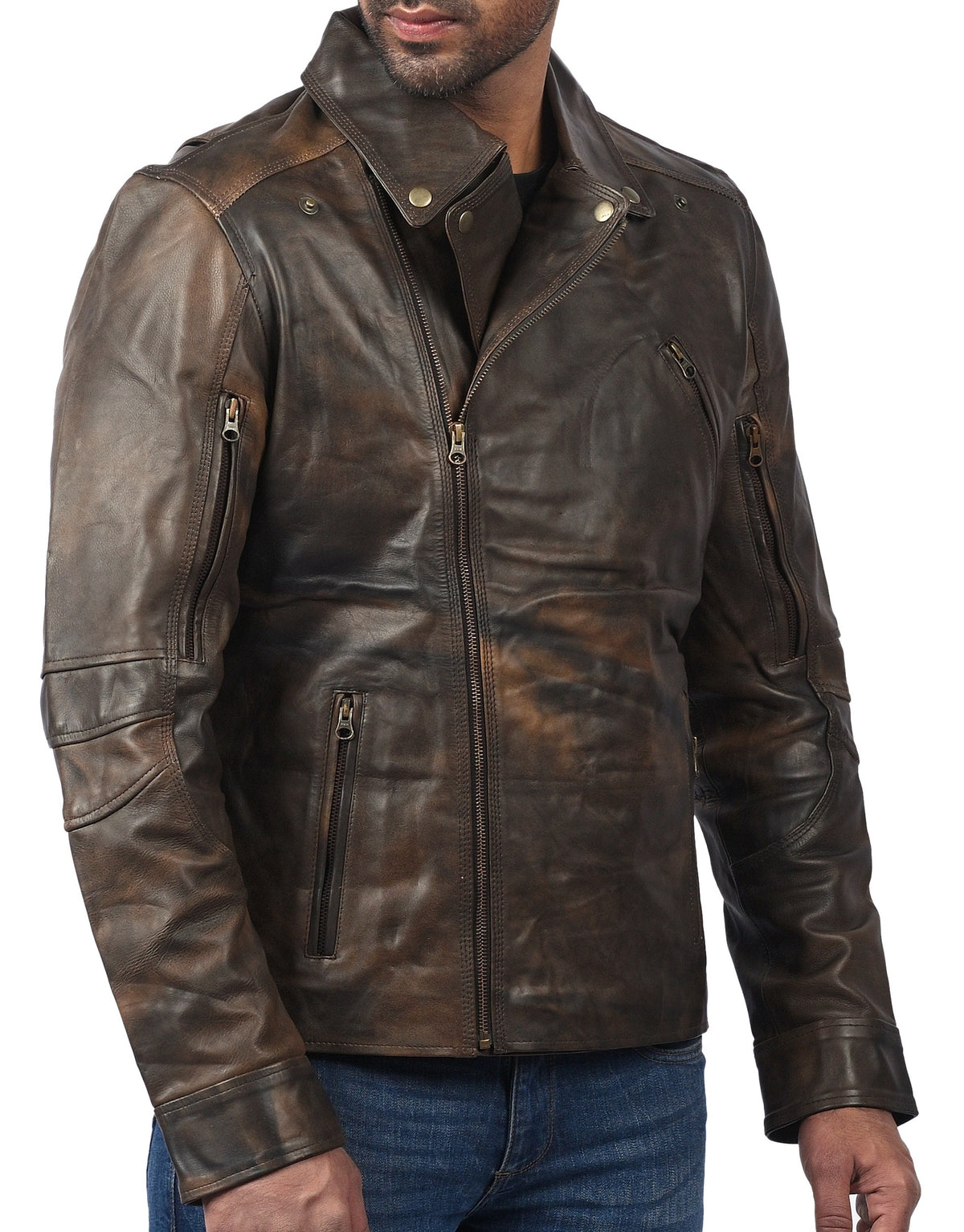 Triple stitch double breasted biker jacket, distressed brown, photo 4