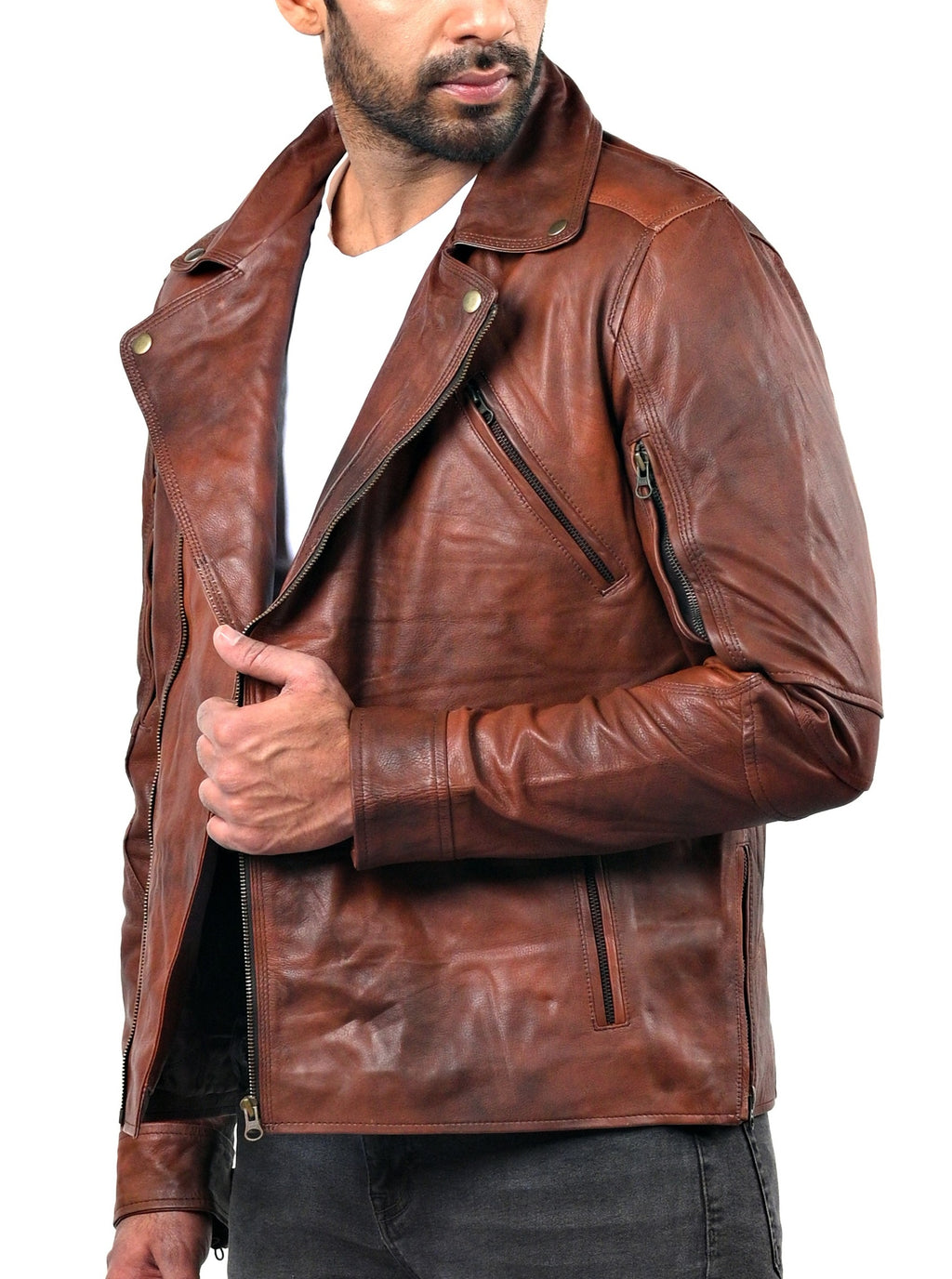 Triple stitch double breasted biker jacket, distressed camel, photo 4