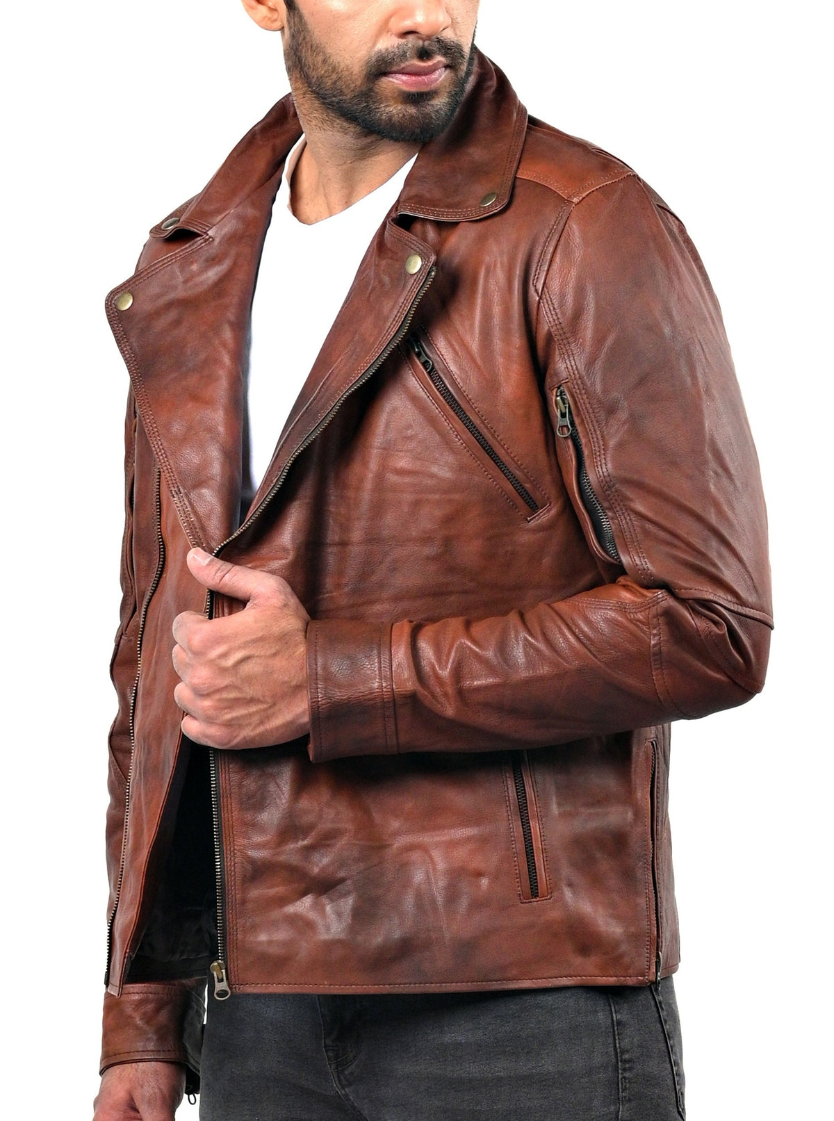 Triple stitch double breasted biker jacket, distressed camel, photo 4