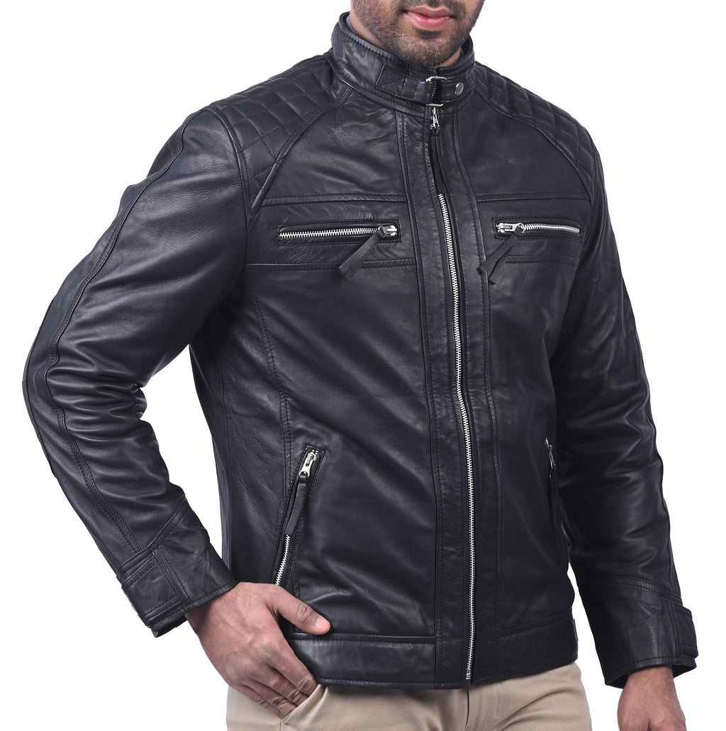 Men's black sheepskin cafe racer biker jacket, photo 4