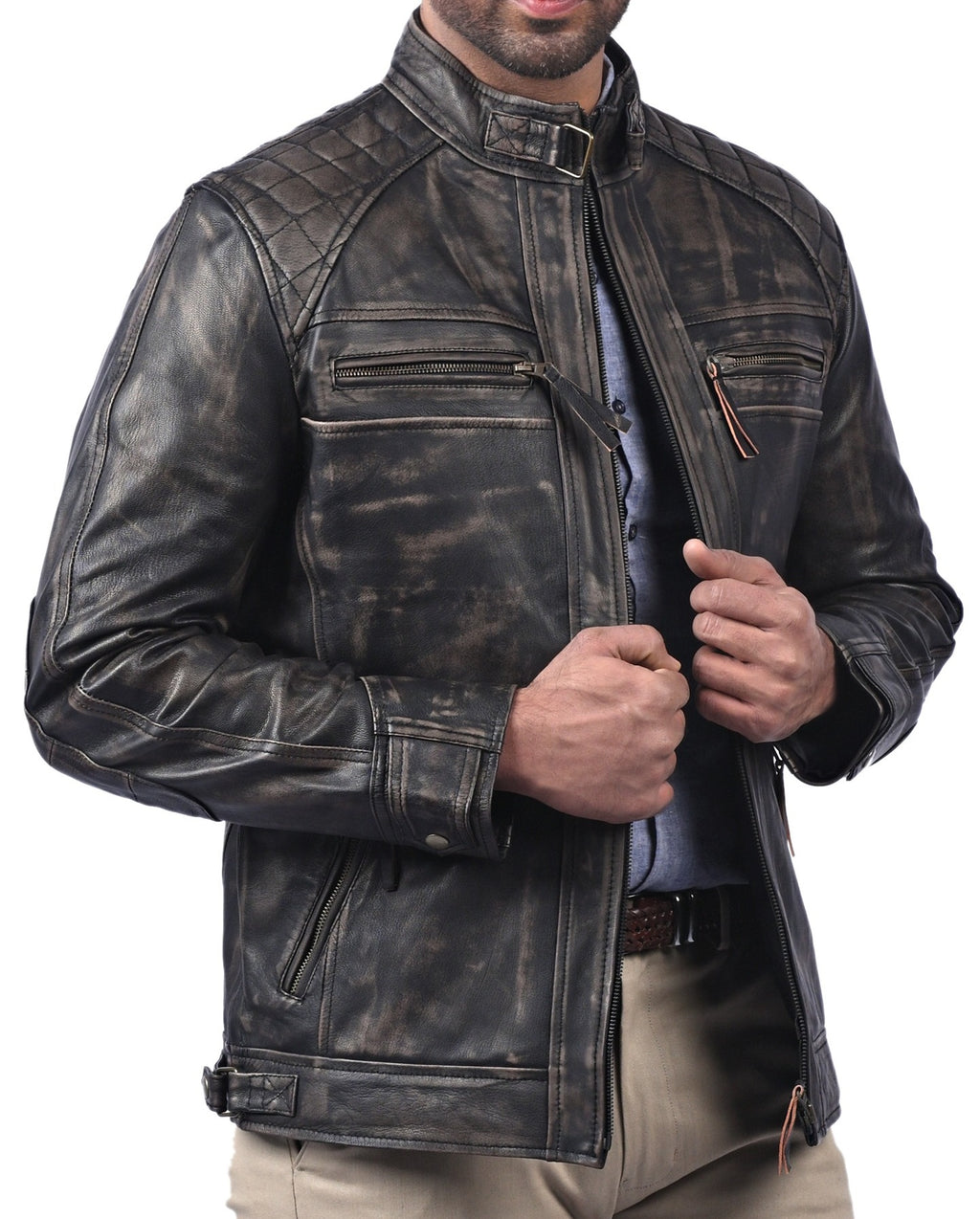 Men's black distressed cowhide cafe racer jacket, photo 5