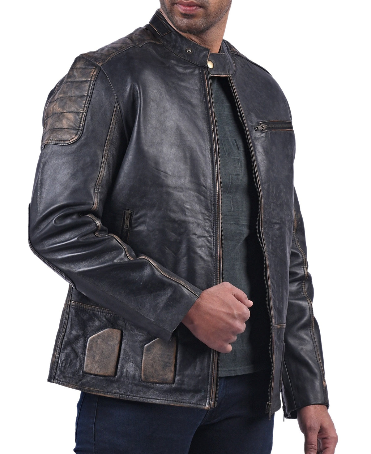 Men's black rub-off cowhide biker jacket, photo 6