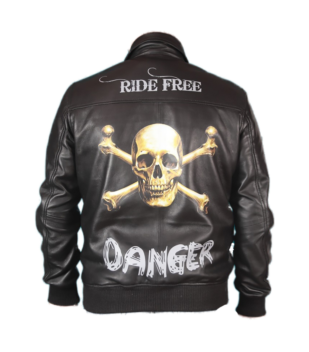 Skull Ride print black sheepskin biker jacket, photo 4