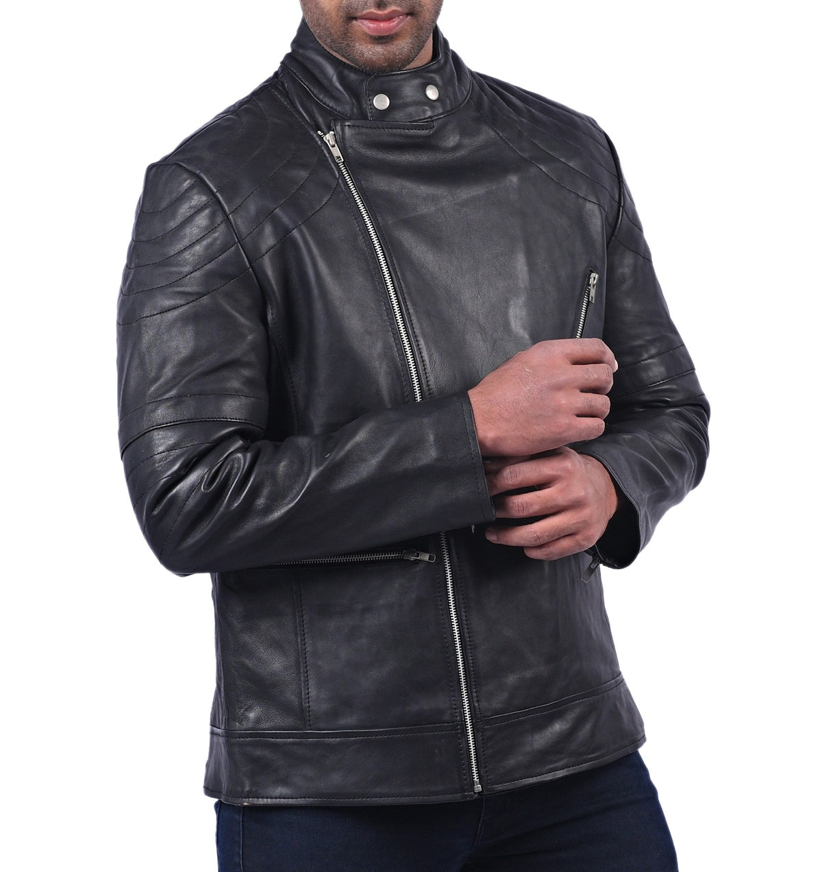 Men's black double breasted sheepskin biker jacket, photo 5