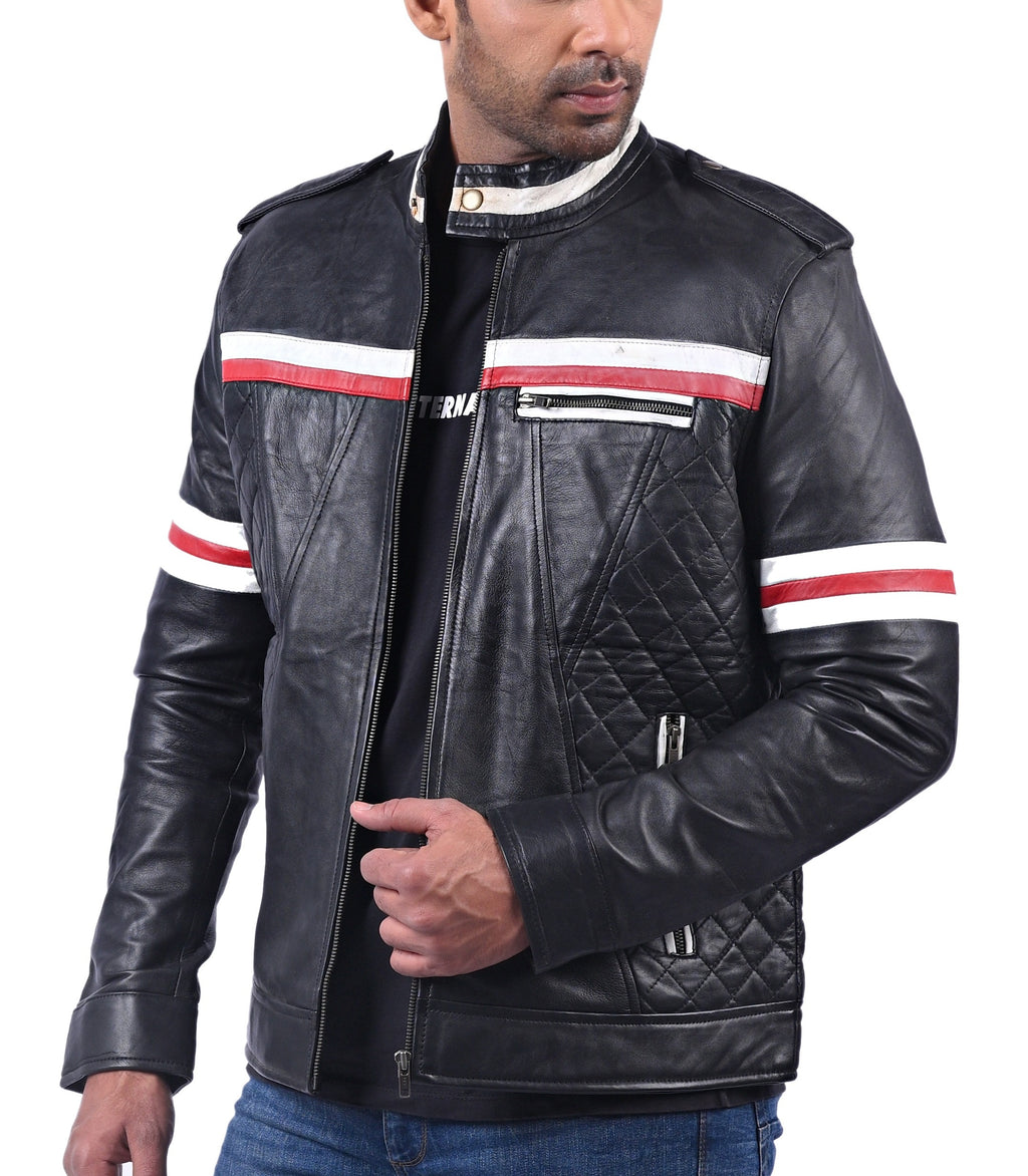 Men's black quilted cowhide jacket with red and white stripes, photo 5