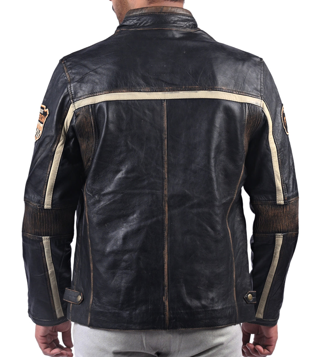 Men's black sheepskin jacket with beige stripes, photo 7