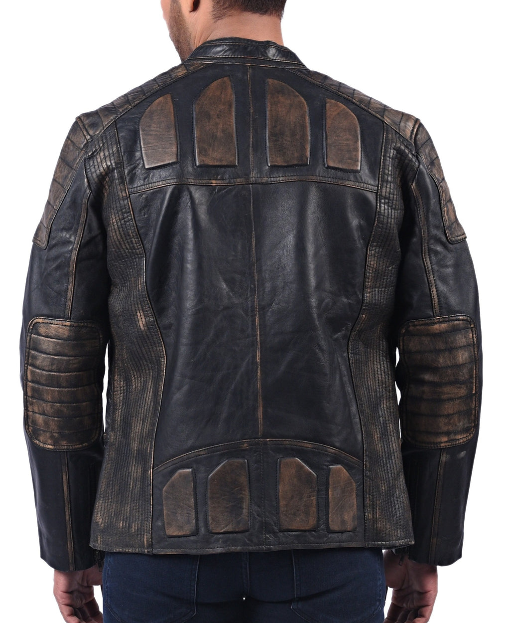 Men's black distressed genuine cowhide biker jacket, photo 5