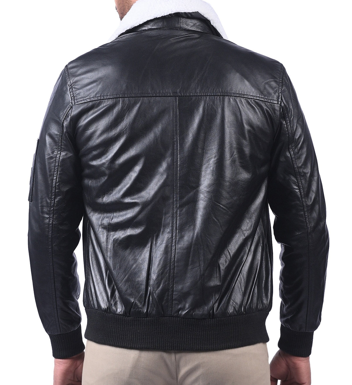 Men's black sheepskin bomber jacket with faux fur collar, photo 4