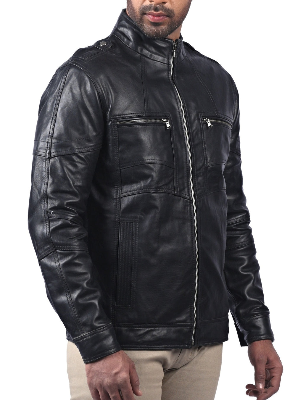 Men's black sheepskin jacket with round collar, photo 5