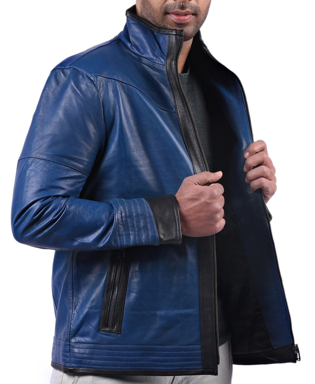 Men's blue sheepskin biker jacket with black contrast, photo 6