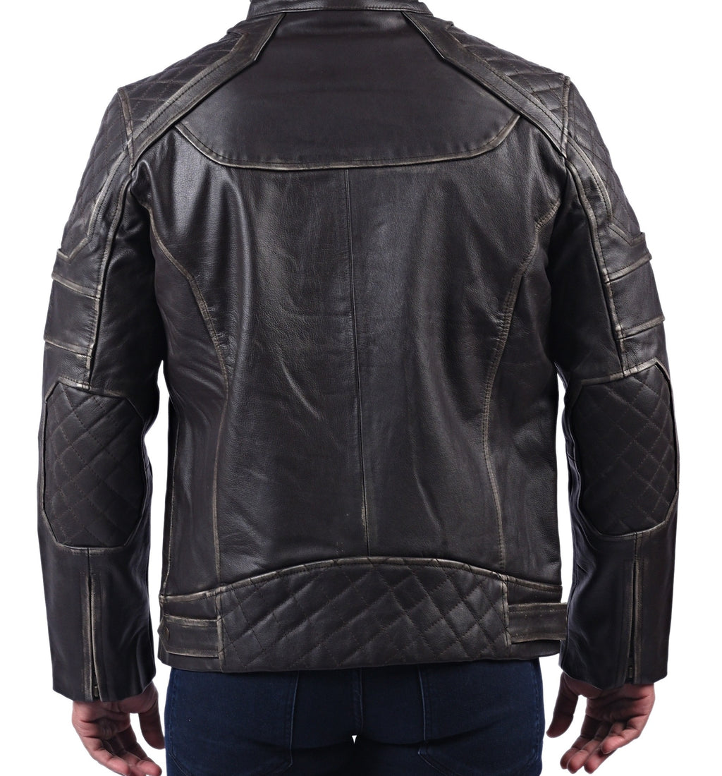Men's black distressed cowhide jacket with snap collar, photo 5