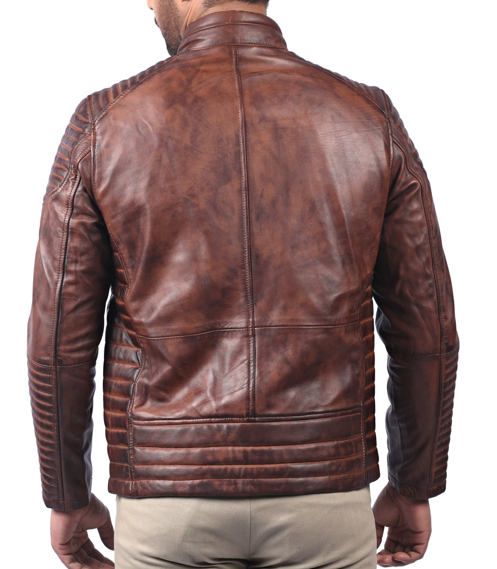 Men's classic tan waxed sheepskin leather jacket, photo 5