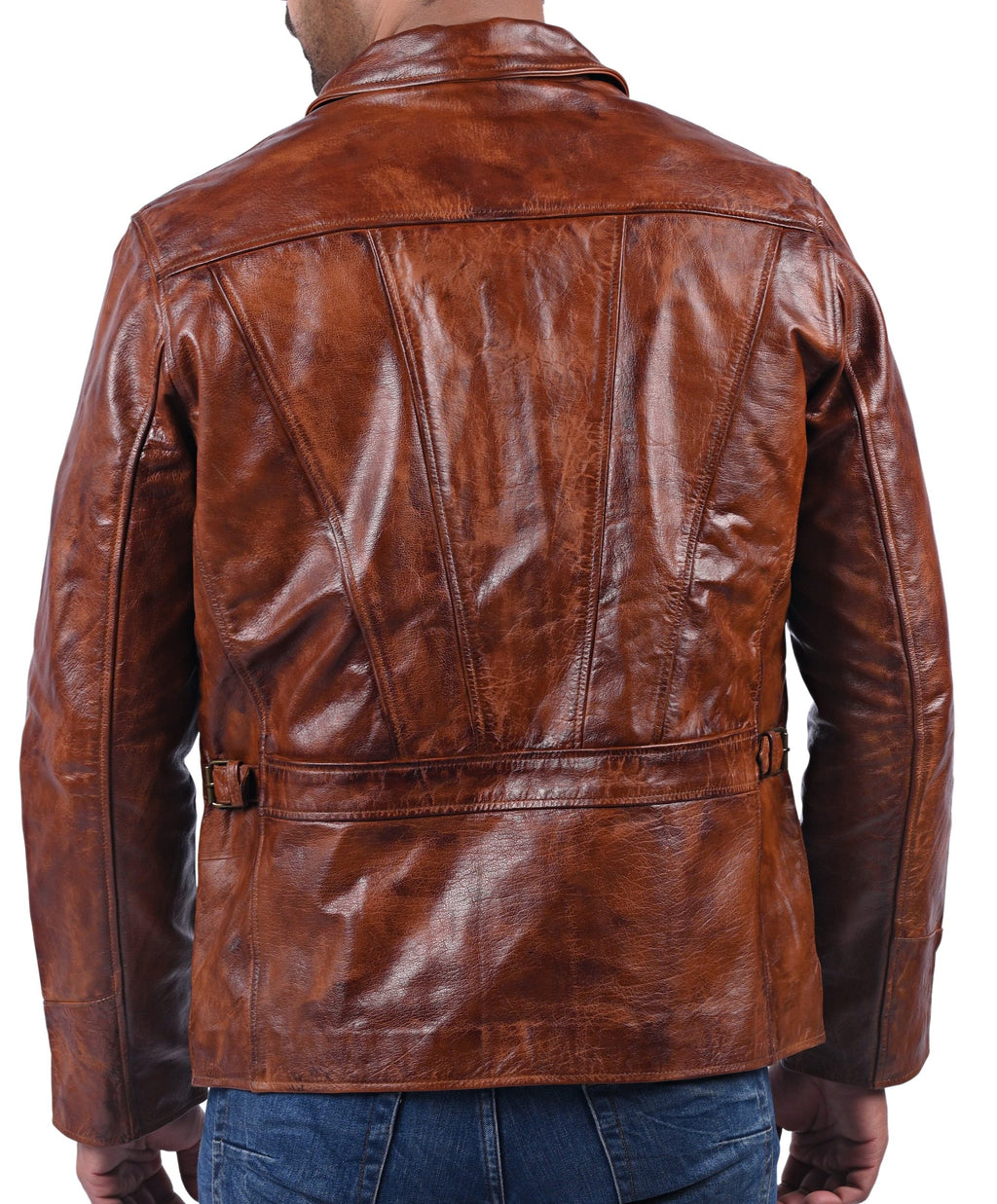 Men's classic tan waxed cowhide leather jacket, photo 5