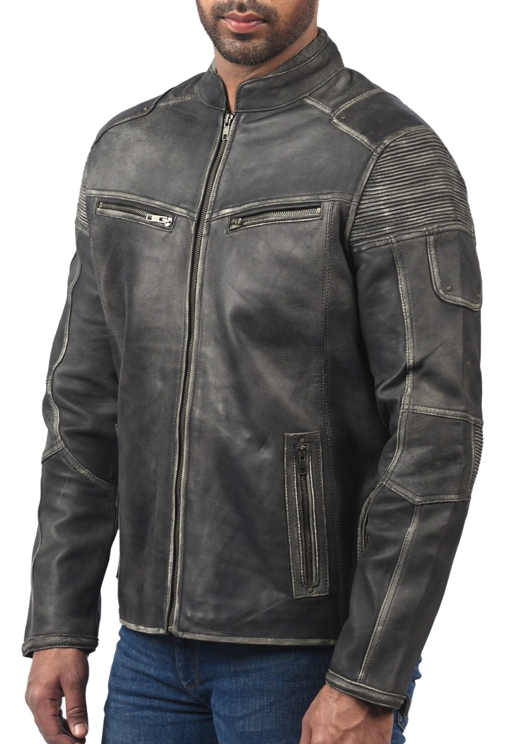 Men's distressed gray sheepskin cafe racer jacket, photo 3
