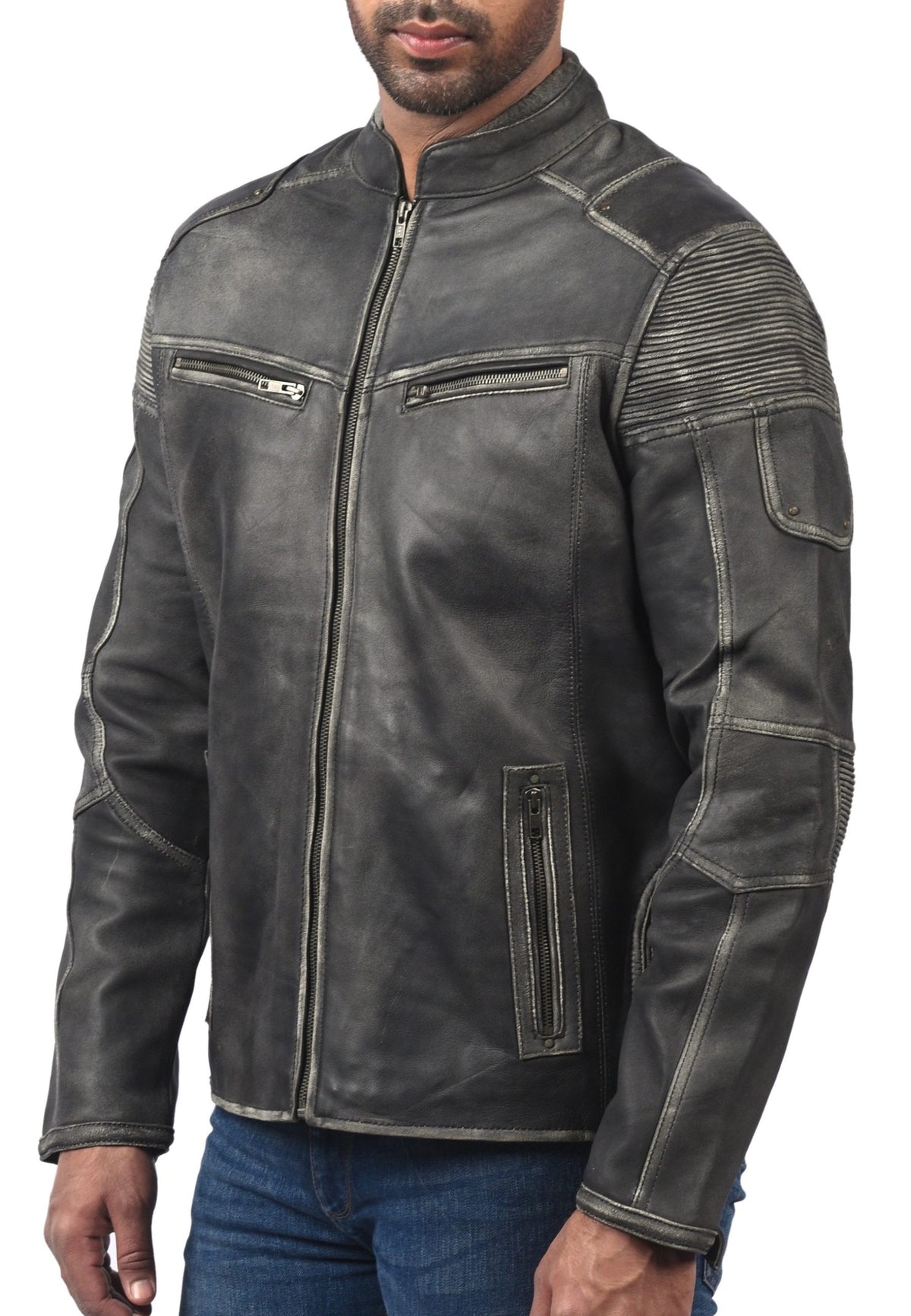 Men's distressed gray sheepskin cafe racer jacket, photo 3