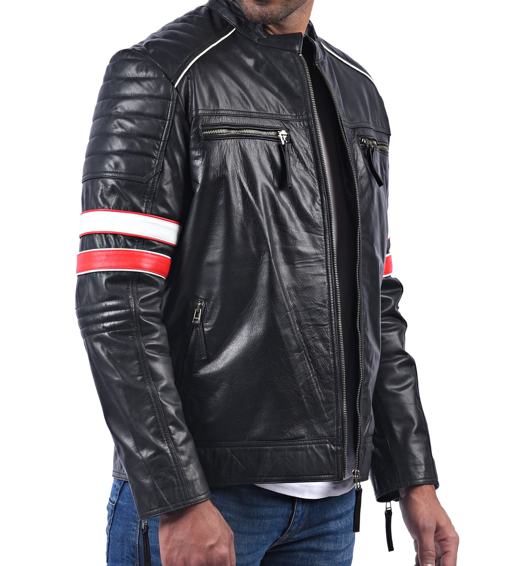 Men's black sheepskin biker jacket with red and white stripes, photo 5