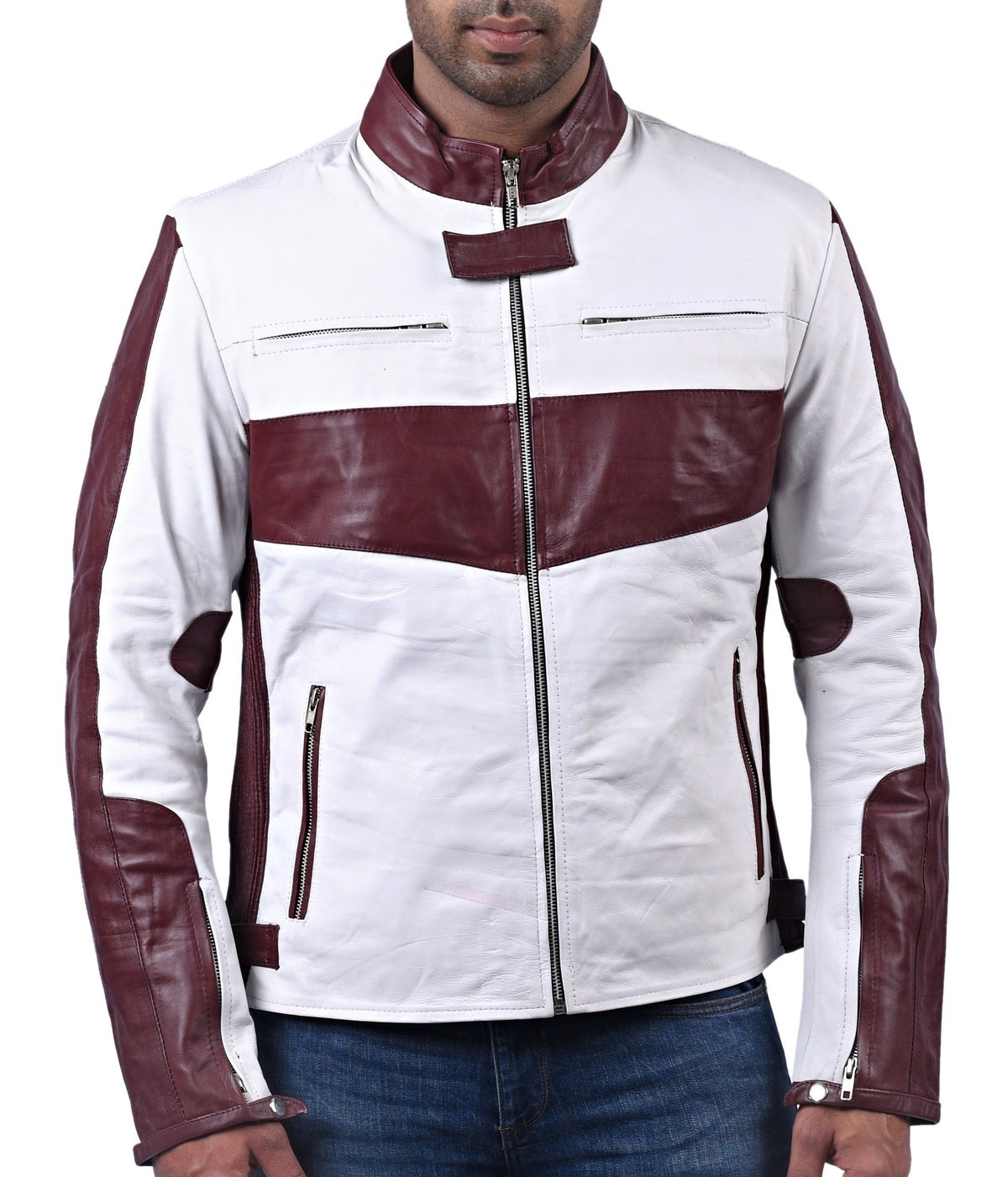 Men's maroon and white sheepskin racer jacket, photo 5