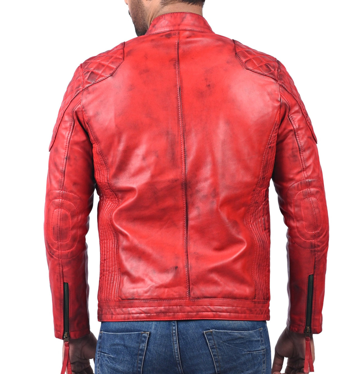 Plymouth red sheepskin biker jacket with white stripes, photo 6