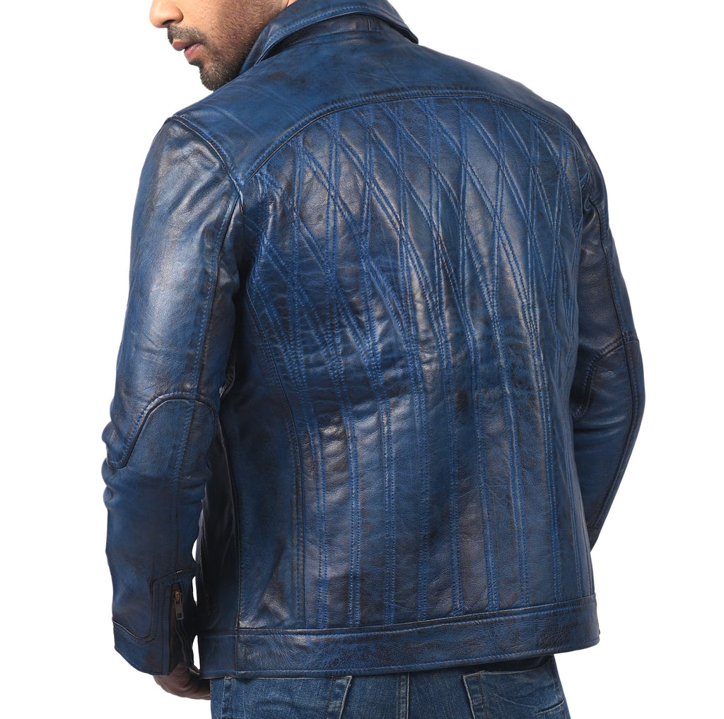 Men's blue waxed sheepskin vintage racer jacket, photo 5