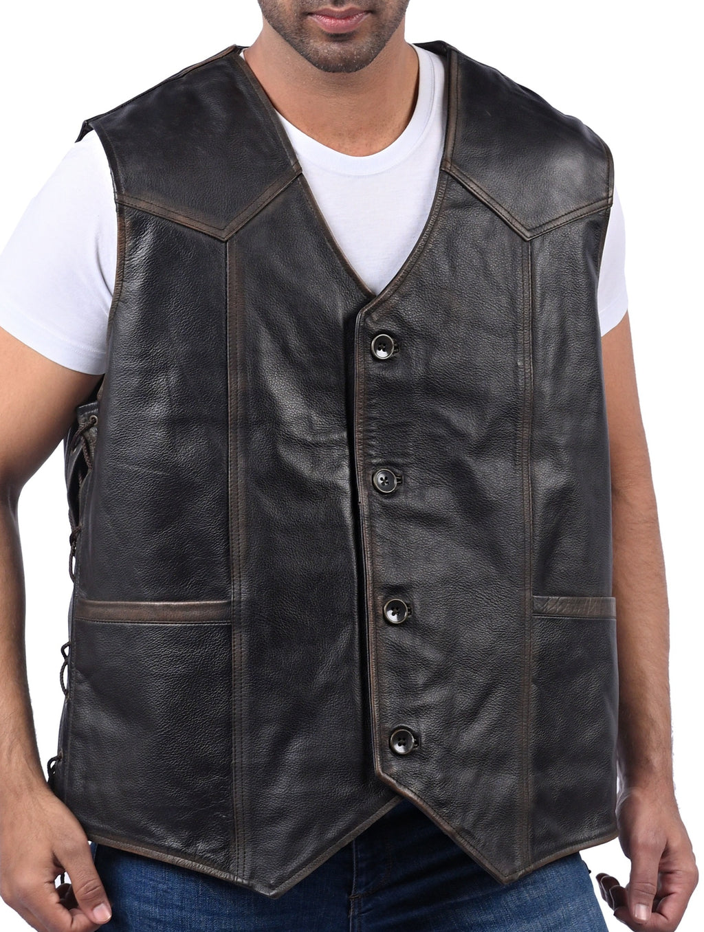 Black cowhide skull vest with embossed back, photo 2
