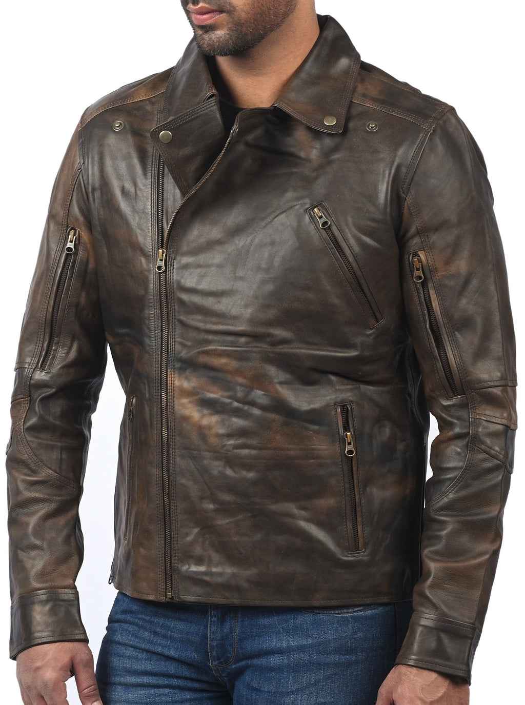 Triple stitch double breasted biker jacket, distressed brown, photo 5