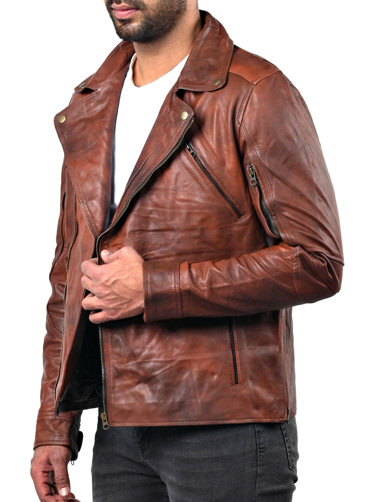 Triple stitch double breasted biker jacket, distressed camel, photo 5