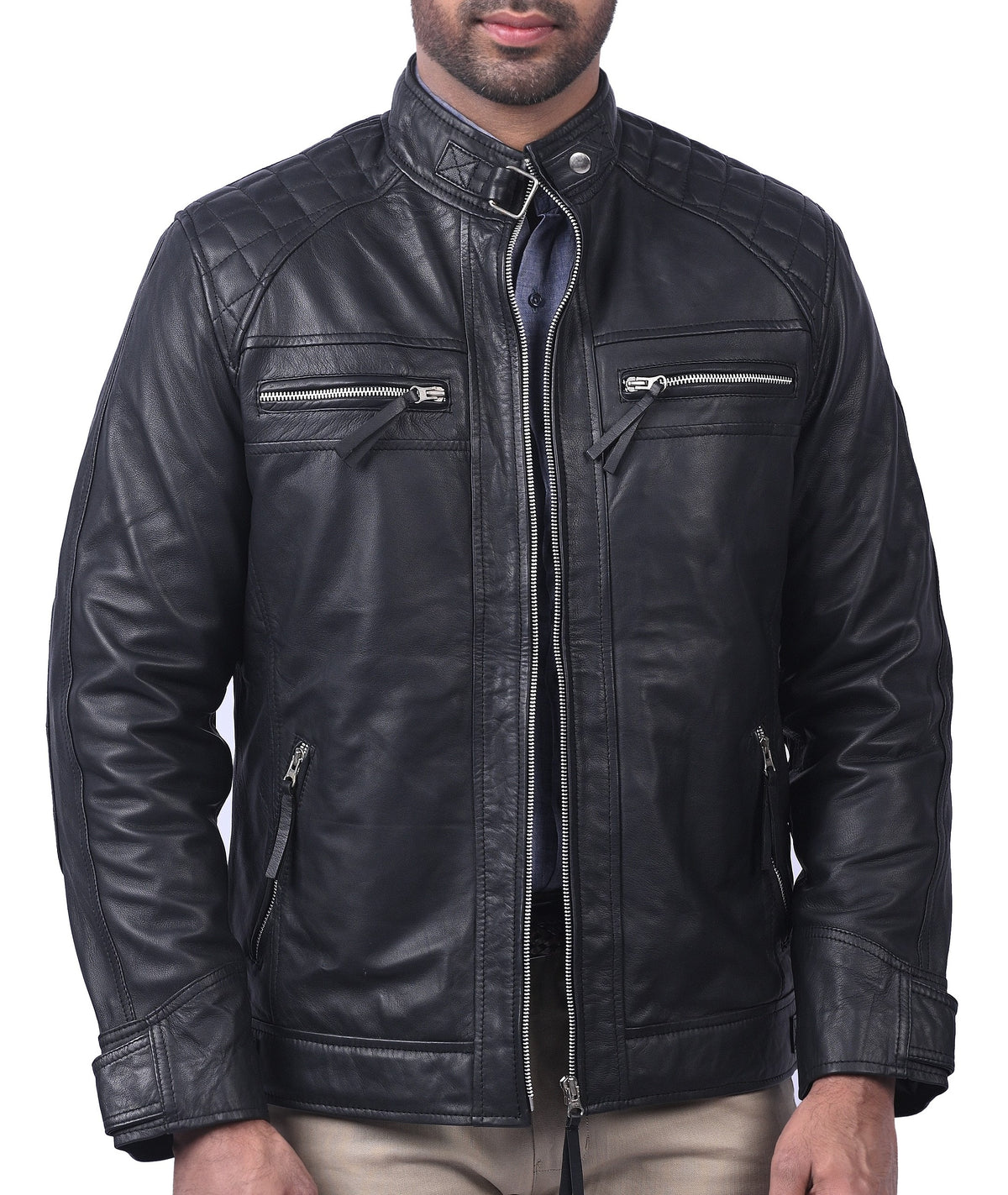 Men's black sheepskin cafe racer biker jacket, photo 5