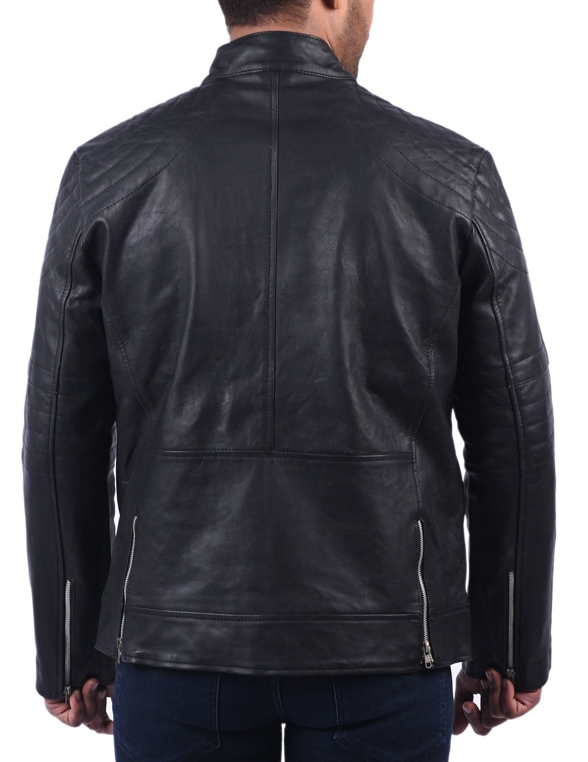 Men's black double breasted sheepskin biker jacket, photo 6