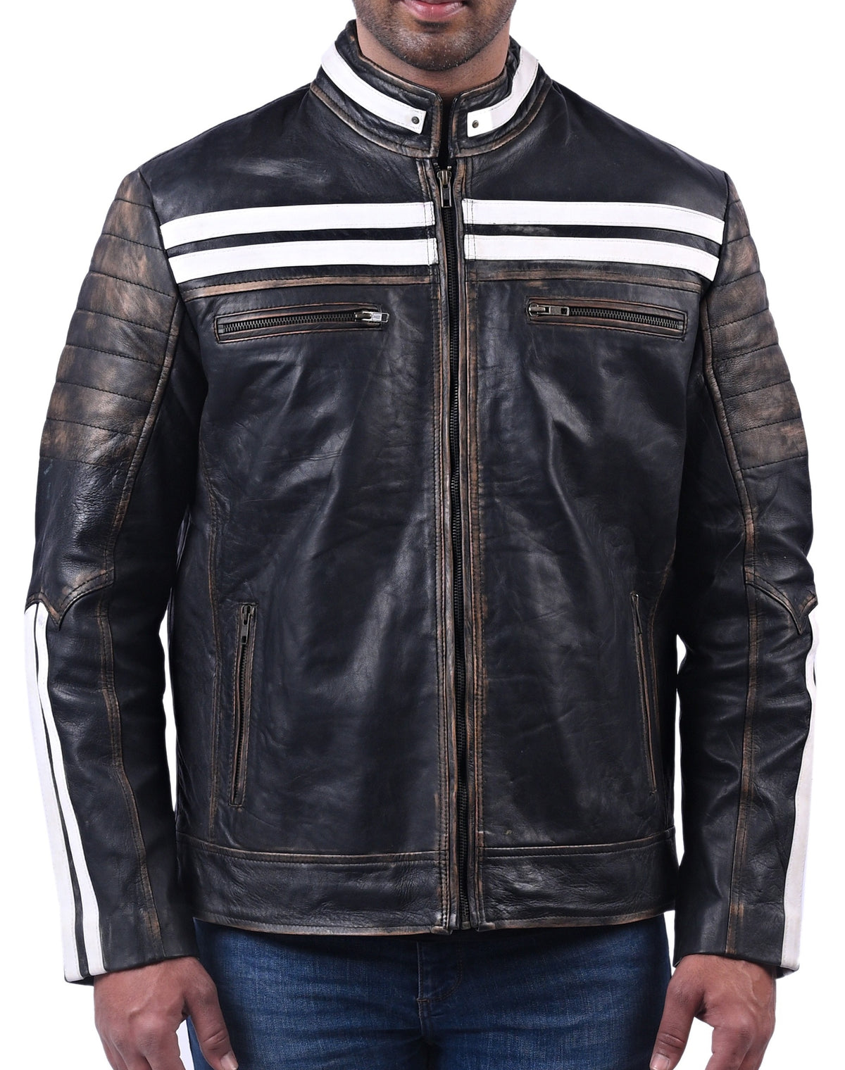 Men's black distressed full grain cowhide jacket, photo 3