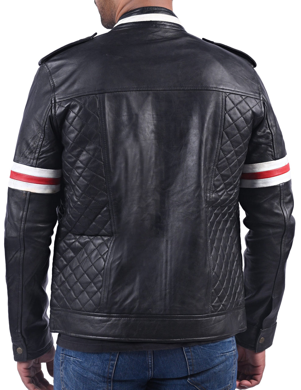 Men's black quilted cowhide jacket with red and white stripes, photo 2