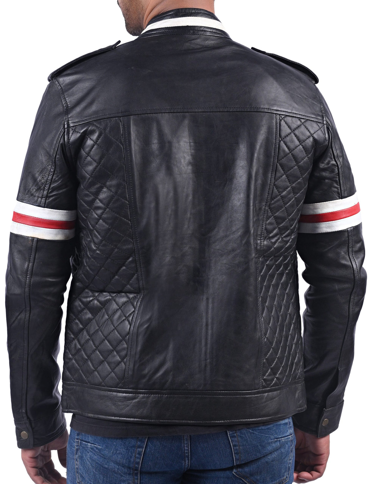 Men's black quilted cowhide jacket with red and white stripes, photo 2