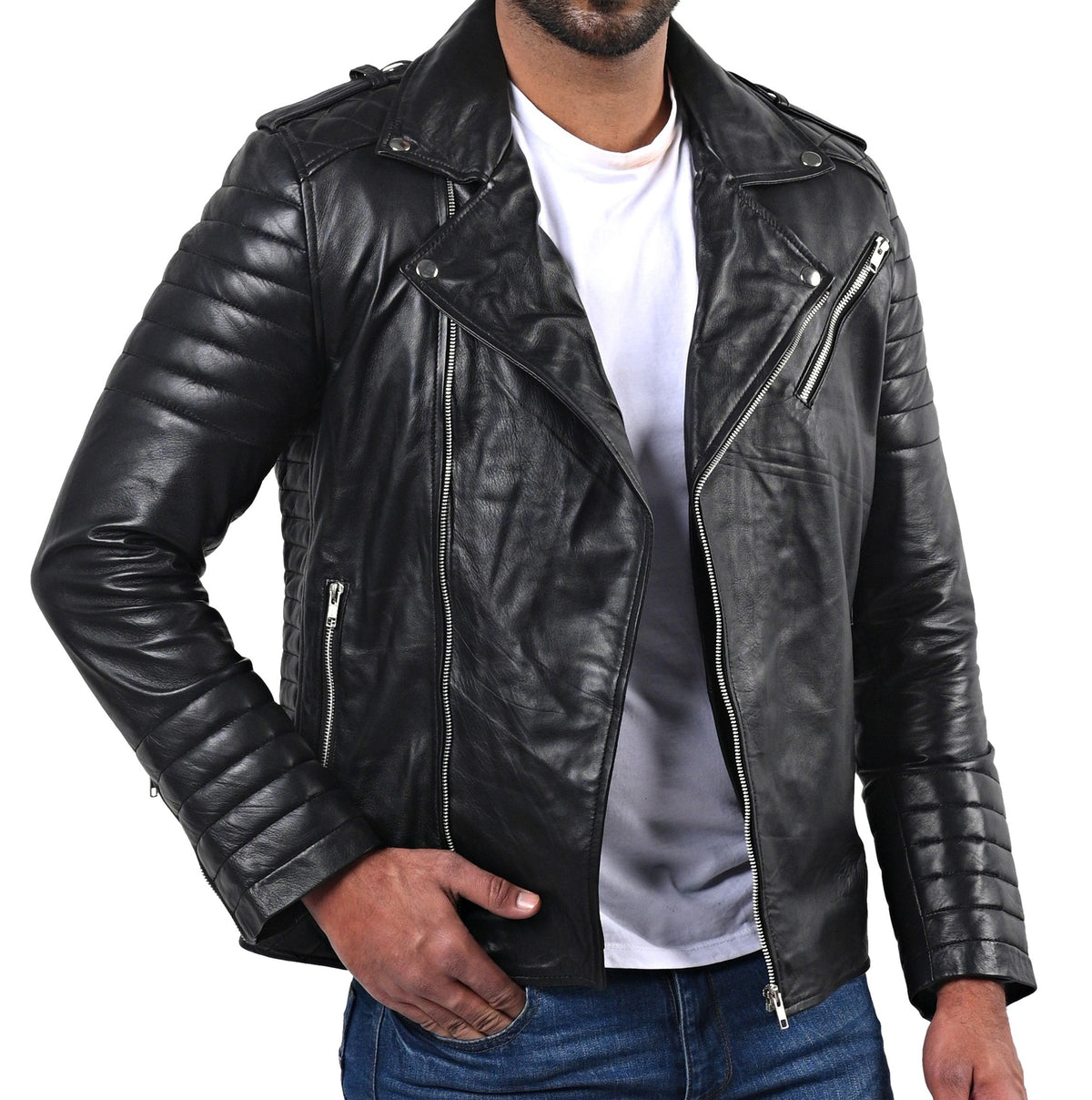 Native American tribal black sheepskin leather jacket, photo 3