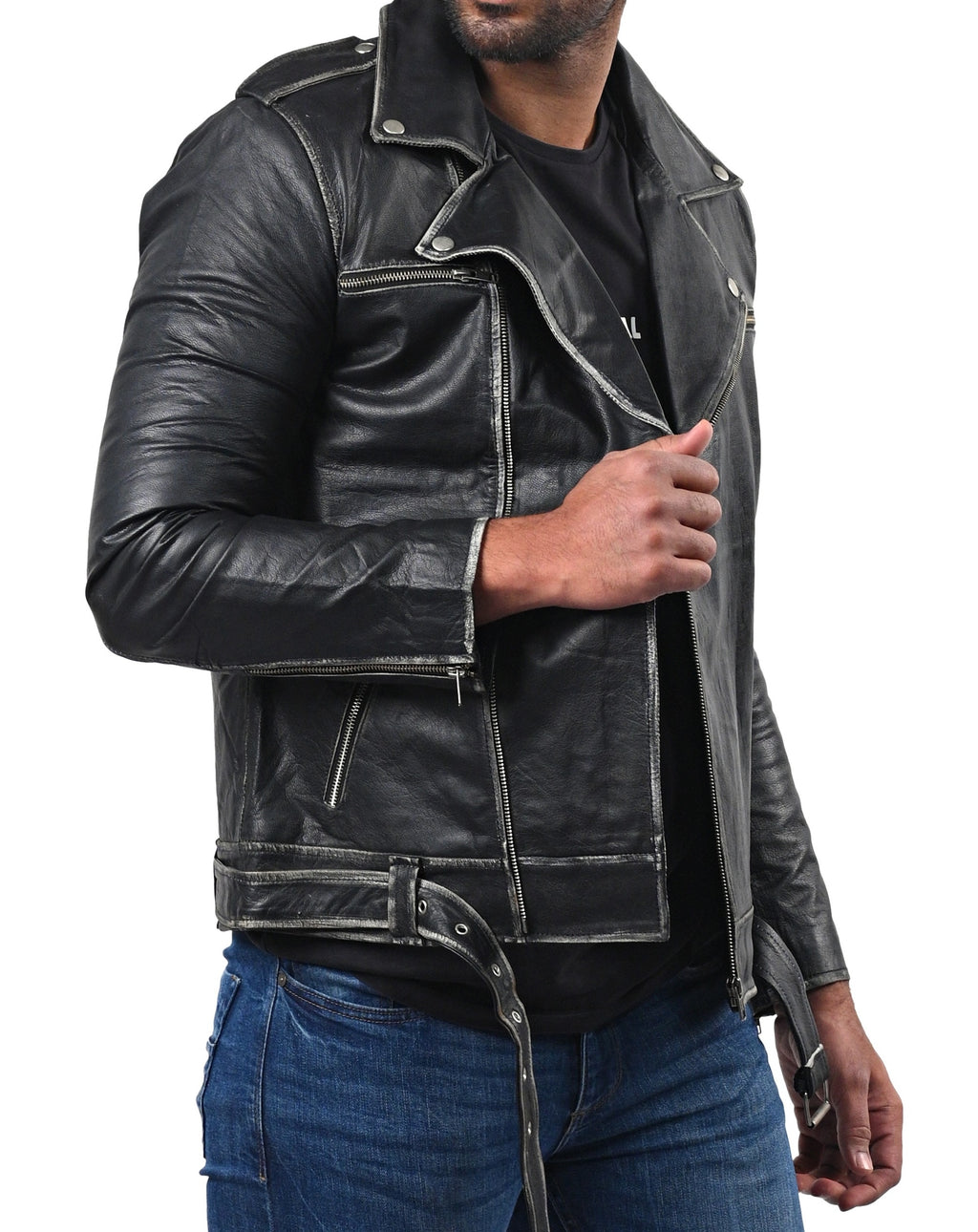 Men's distressed black full grain cowhide biker jacket, photo 6