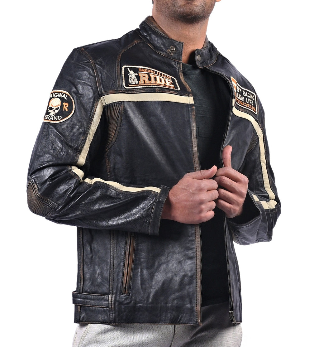Men's black sheepskin jacket with beige stripes, photo 2